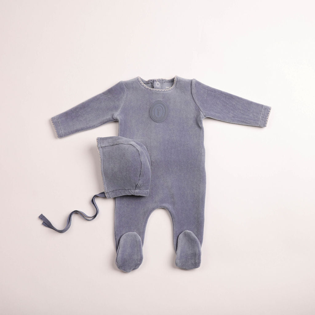 Baby Boy Footie + Hat | Plaquette Velour | Nightshadow Blue | Bee and Dee | AW26