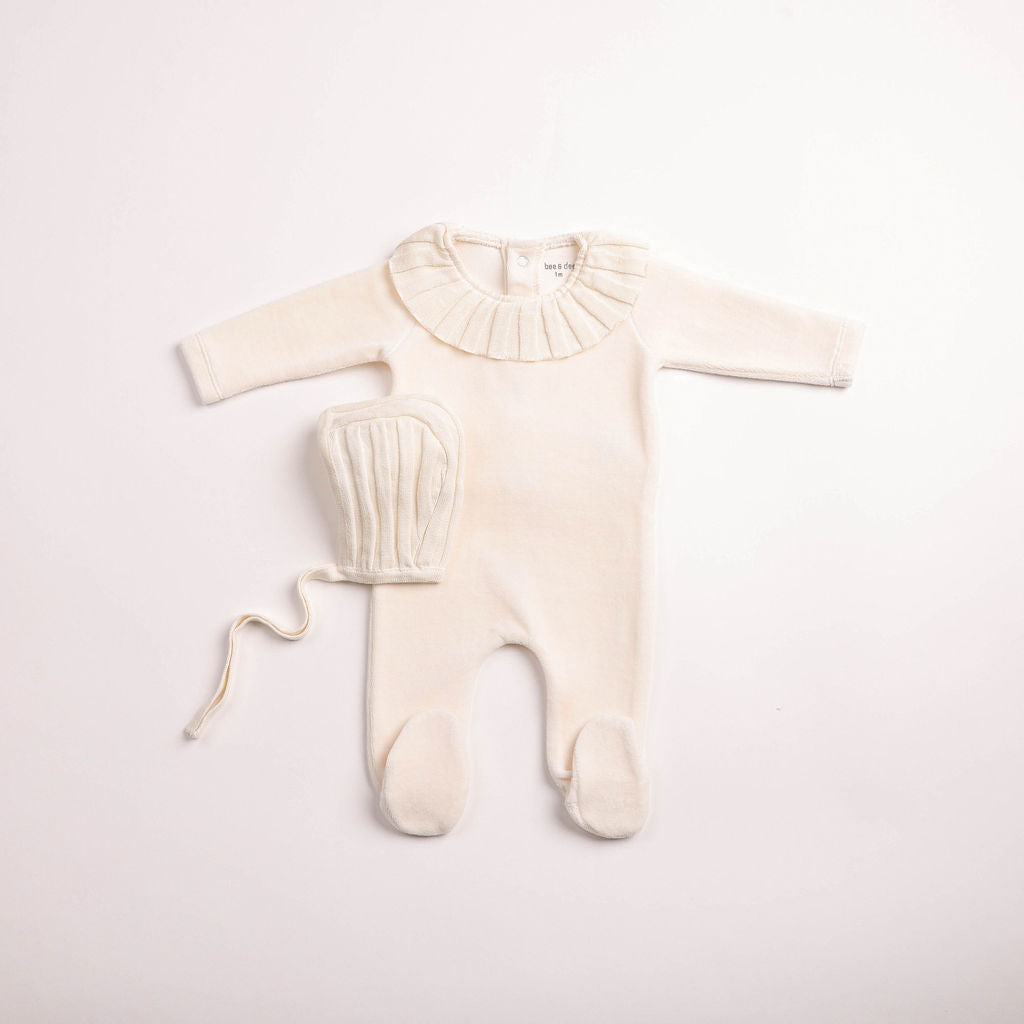Baby Neutral Footie + Hat | Pleated Knit Velour | Linen | Bee and Dee | AW26
