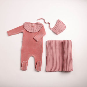 Baby Girl Layette Set | Pleated Knit Velour | Tea Rose | Bee and Dee | AW26