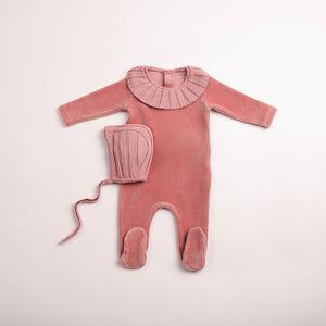 Baby Girl Footie + Hat | Pleated Knit Velour | Tea Rose | Bee and Dee | AW26