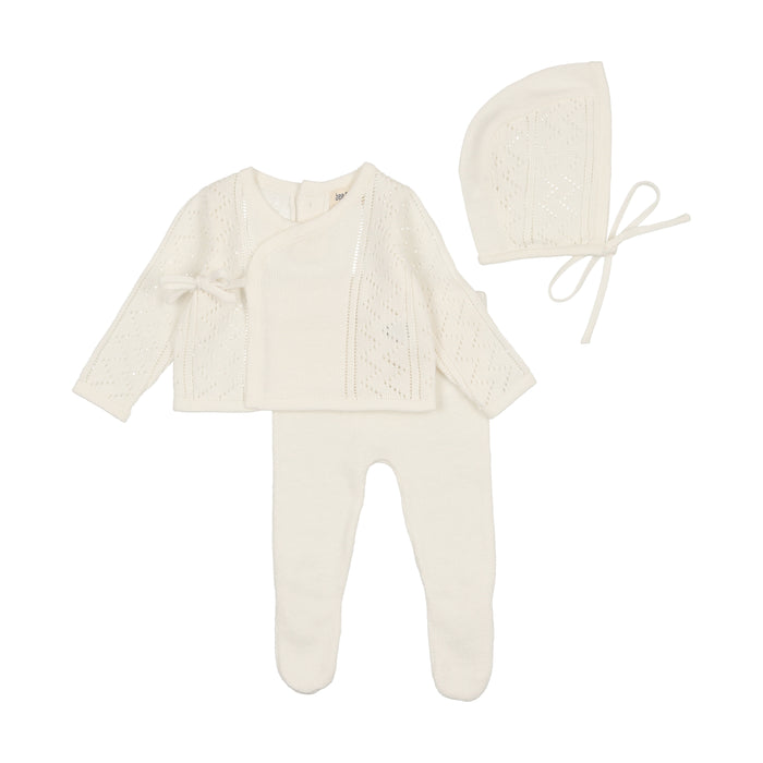 Baby Neutarl Romper + Cardigan Layette Set | Pointelle Wrap | White | Bee and Dee | SS25