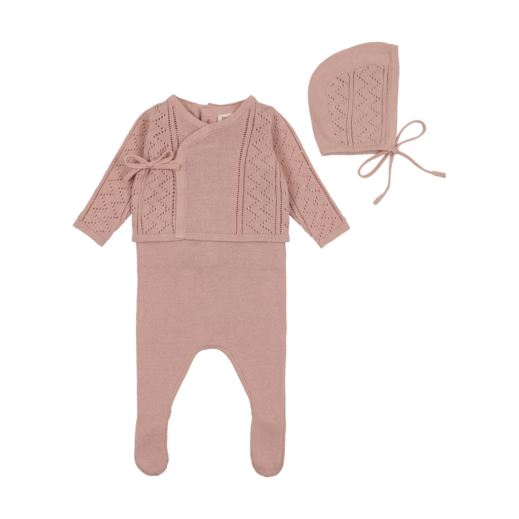 Baby Girl Romper + Cardigan Layette Set | Pointelle Wrap | Tea Rose | Bee and Dee | SS25