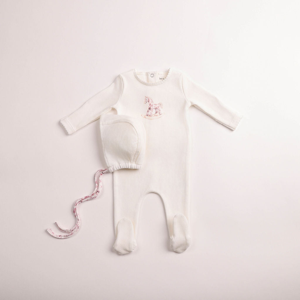 Baby Girl Footie + Hat | Rocking Horse | Chalk White Girls | Bee and Dee | AW26