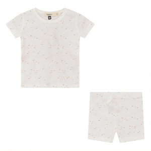 Baby Boy Short Set | Ribbed Bird Print | White/Taupe | Fragile