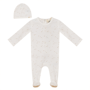 Baby Boy Footie + Hat | Ribbed Bird Print | White/Taupe | Fragile