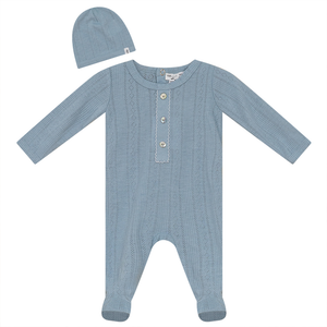 Baby Boy Footie + Hat | Pointelle Trimmed | Blue Grey | Fragile