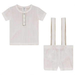 Baby Boy Short Set | Pointelle Suspender | White/Taupe | Fragile