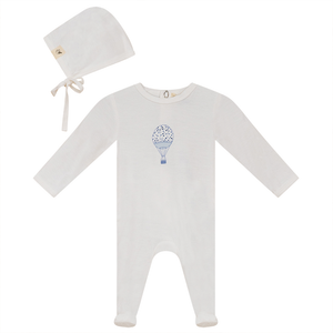 Baby Boy  Footie + Hat | Hot Air Balloon | White/Light Blue | Fragile