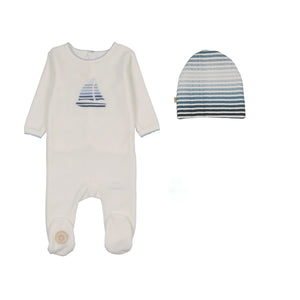Baby Boy Footie + Hat | Sailor Stripe | Ivory & Blue | Mon Tresor | AW26