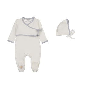 Baby Boy Footie + Hat | Scalloped Wrap Cardigan | Ivory & Blue | Mon Tresor | SS26