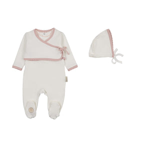 Baby Girl Footie + Hat | Scalloped Wrap Cardigan | Ivory & Pink | Mon Tresor | SS26