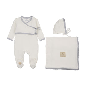 Baby Boy Layette Set | Scalloped Wrap Cardigan | Ivory & Blue | Mon Tresor | SS26