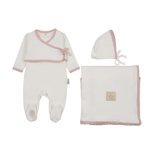Baby Girl Layette Set | Scalloped Wrap Cardigan | Ivory & Pink | Mon Tresor | SS26