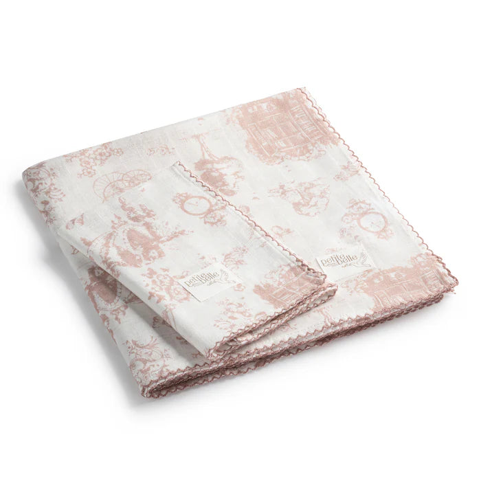 Baby Swaddle & Burp Cloth Set | Rose PInk Safra Toile | Petite Belle