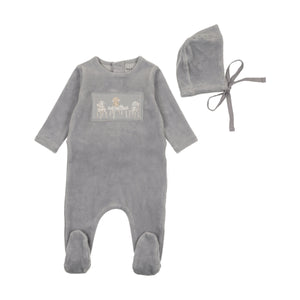 Baby Boy Footie + Hat | Tea Time Velour | Dusty Blue | Bee and Dee | AW25