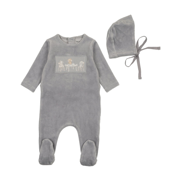 Baby Boy Footie + Hat | Tea Time Velour | Dusty Blue | Bee and Dee | AW25