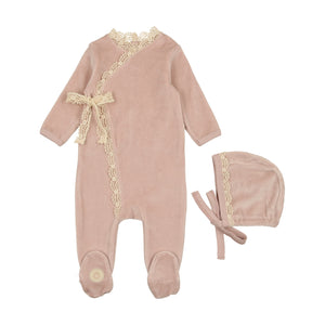 Baby Girl Footie + Hat | Tied Up in Lace | Rose Smoke | Mon Tresor | AW23