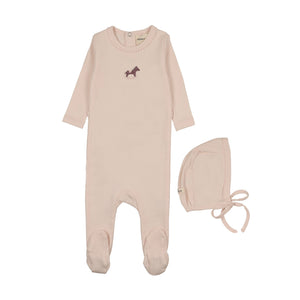 Baby Girl Footie + Hat | Pointelle Embroidered Horse Rocker | Baby Blush | Mema Knits | AW26