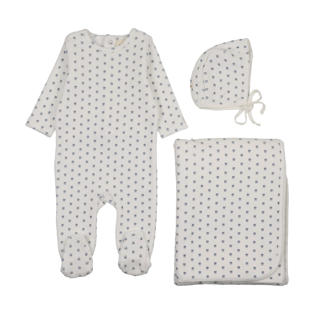Baby Boy Layette Set | Velour Floral Printed | Blue Floral | Mema Knits | AW26