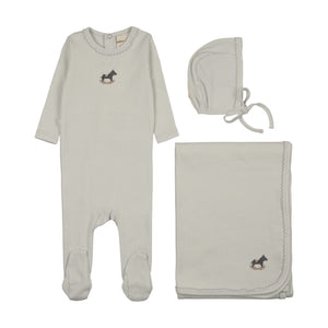 Baby Boy Layette Set | Pointelle Embroidered Horse Rocker | Ice Blue | Mema Knits | AW26