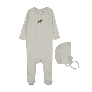 Baby Boy Footie + Hat | Pointelle Embroidered Horse Rocker | Ice Blue | Mema Knits | AW26