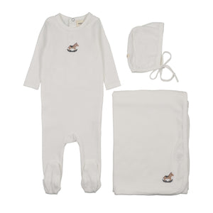 Baby Neutral Layette Set | Pointelle Embroidered Horse Rocker | Winter White | Mema Knits | AW26