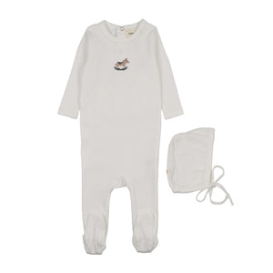 Baby Neutral Footie + Hat | Pointelle Embroidered Horse Rocker | Winter White | Mema Knits | AW26