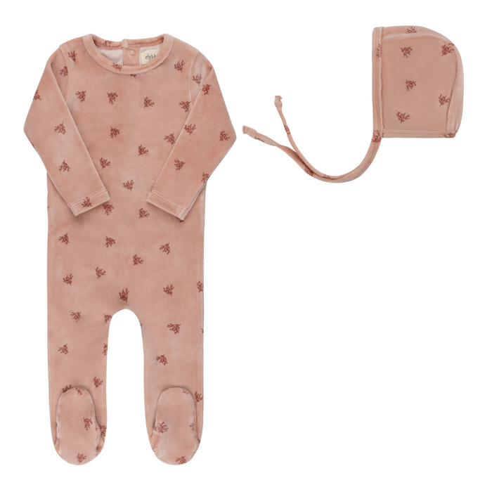 Baby Girl Footie Set | Velour Leaf Pattern | Pink | Ely's & Co | Aw25