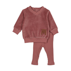Baby Girl 2 Piece Outfit | V-Neck Emblem Ensemble | Dark Rose | Mon Tresor | AW25
