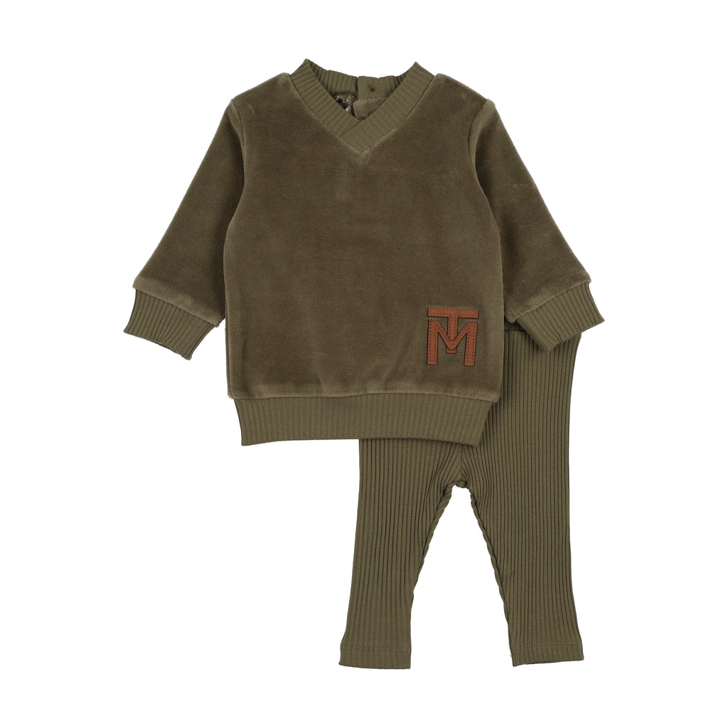 Baby Boy 2 Piece Outfit | V-Neck Emblem Ensemble | Sage | Mon Tresor | AW25