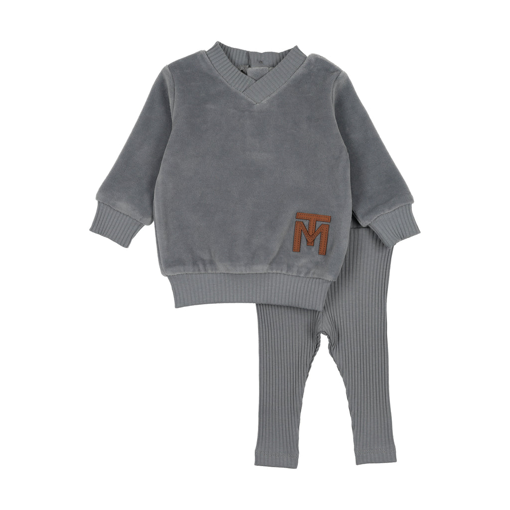 Baby Boy 2 Piece Outfit | V-Neck Emblem Ensemble | Spring Blue | Mon Tresor | AW25