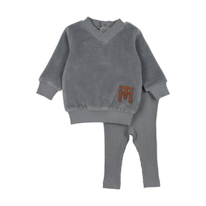 Baby Boy 2 Piece Outfit | V-Neck Emblem Ensemble | Spring Blue | Mon Tresor | AW25