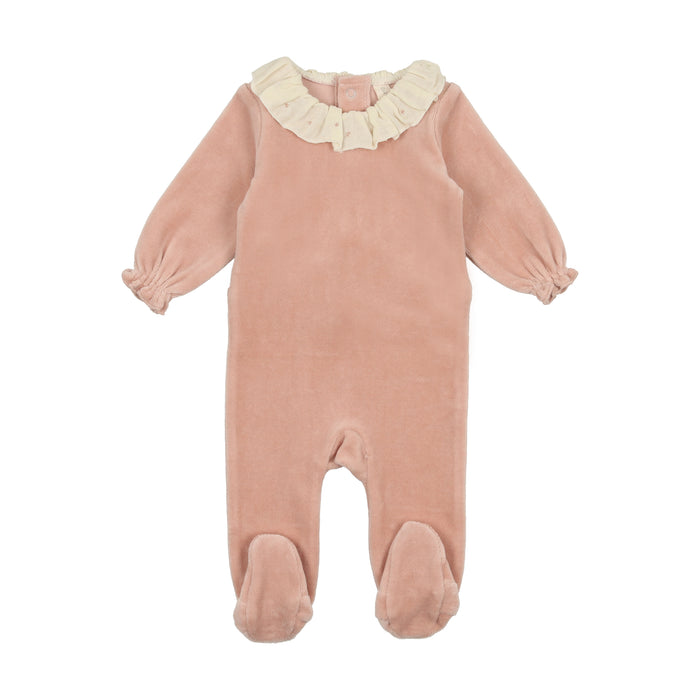 Baby Girl Footie + Hat | Velour Ruffle | Dusty Pink | Lil Legs | AW23