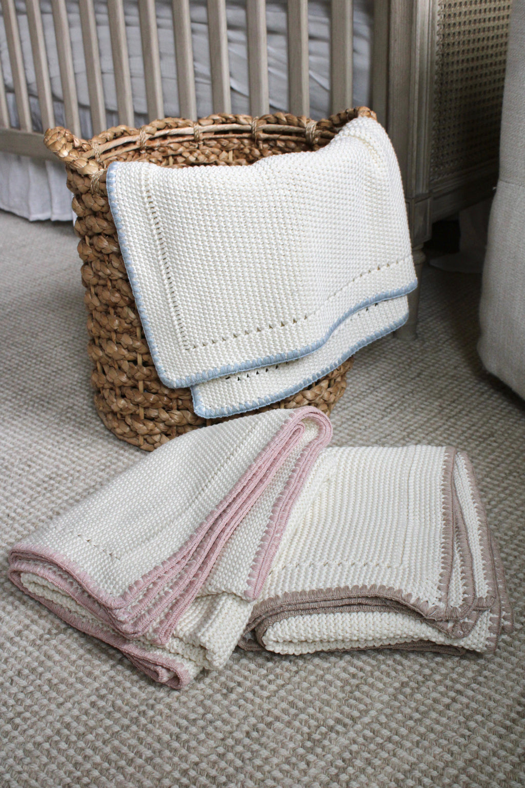 Baby Boy Blanket | Knitted | Powder Blue Trim | Little Threads