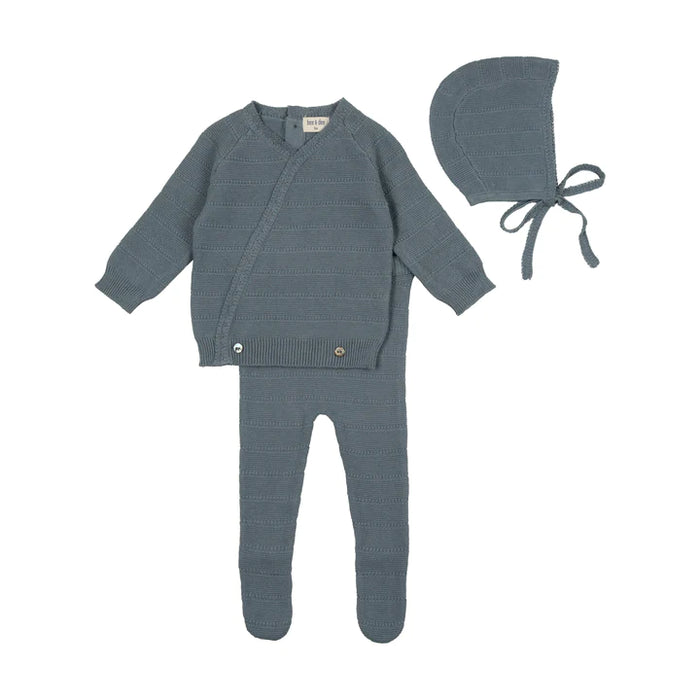 Baby Boy Layette Set | Pointelle Knit | 2 piece Outfit + Hat | Storm Blue | Bee and Dee | AW23