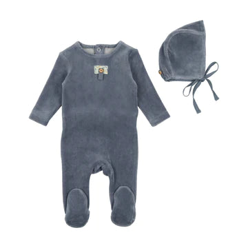 Baby Boy Footie + Hat | Button Applique | Velour | Storm Blue | Bee and Dee | AW23