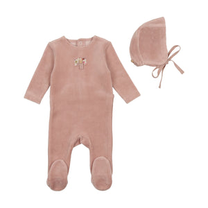 Baby Girl  Footie + Hat | Button Applique | Velour | Mauve | Bee and Dee | AW23