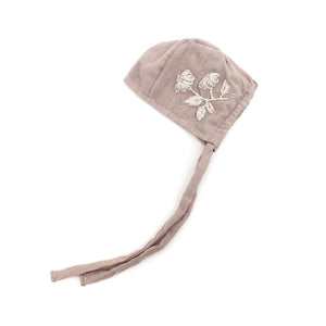Baby Linen Bonnet | Embroidered | Mauve With Cream Embroidery | Bebe Beaute