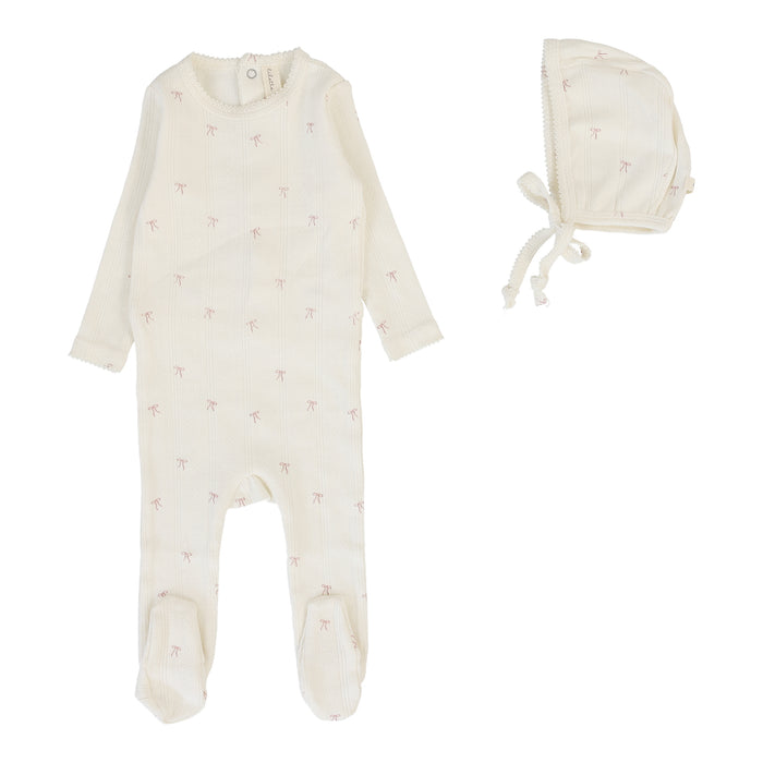 Baby Girl Footie Set | Printed Pointelle | Cream/Pink Bow | Lil Legs | Aw25