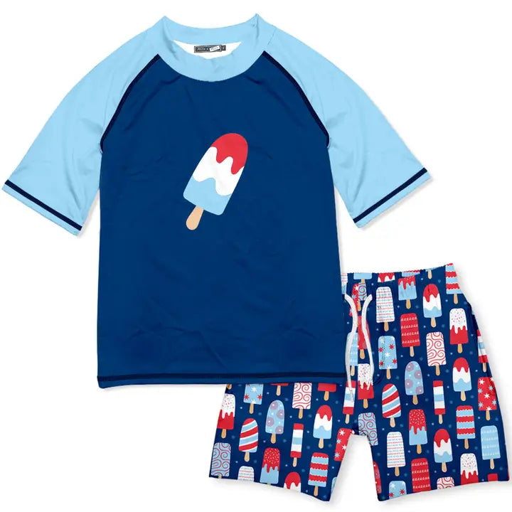 Baby Boy Bathing Suit Set | Boys Swim Navy Popsicle Short-Sleeve Rashguard Set  | Millie Loves Lily
