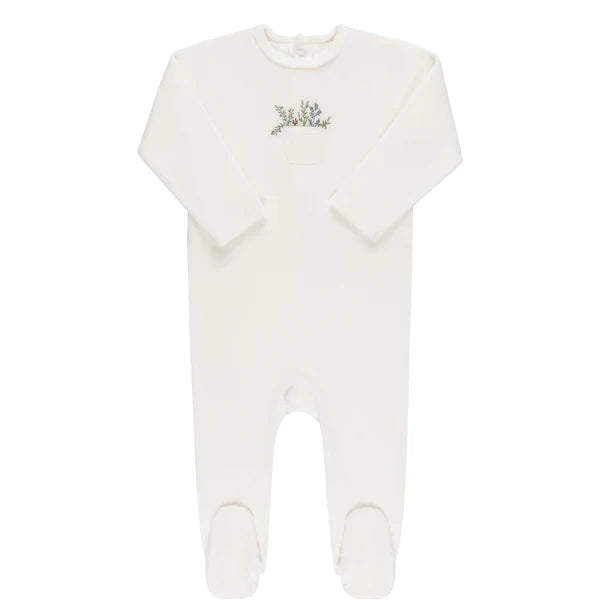 Baby Boy Footie | Velour Pocket Full of Flowers | Ivory/Blue | Ely's & Co