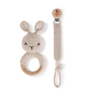 Crochet Rattle And Pacy Clip Set | Tan | Pretty Little Basics