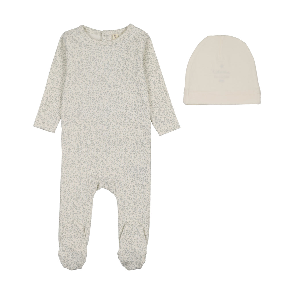 Baby Boy Footie + Hat | Leaf Trail | Cream/Blue | Lil Legs | SS26