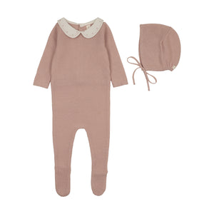 Baby Girl Footie + Hat | Embroidered Knit Collar | Dusty Cream/Pink | Lil Legs | AW26