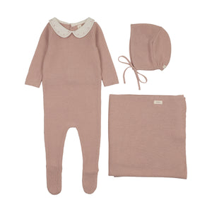 Baby Girl Layette Set | Embroidered Knit Collar | Dusty Cream/Pink | Lil Legs | AW26