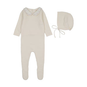 Baby Girl Footie + Hat | Embroidered Knit Collar | Cream/Pink | Lil Legs | AW26