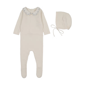 Baby Boy Footie + Hat | Embroidered Knit Collar | Cream/Blue | Lil Legs | AW26