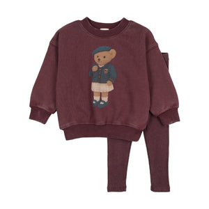 Baby Girl Sweatshirt Set | Bear | Washed Burgundy | Lil Legs | AW26
