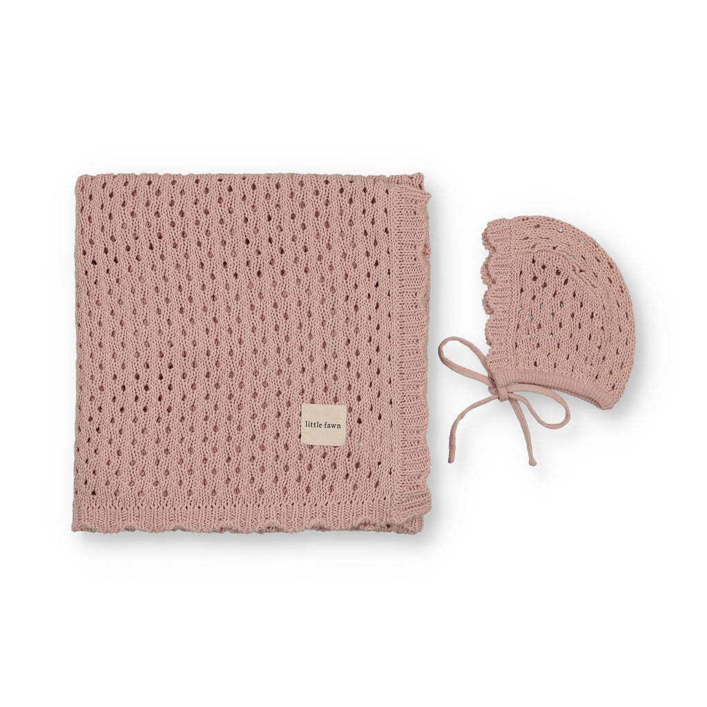Baby Knit Scallped Edge Blanket & Bonnet | Pink | Little Fawn | SS26