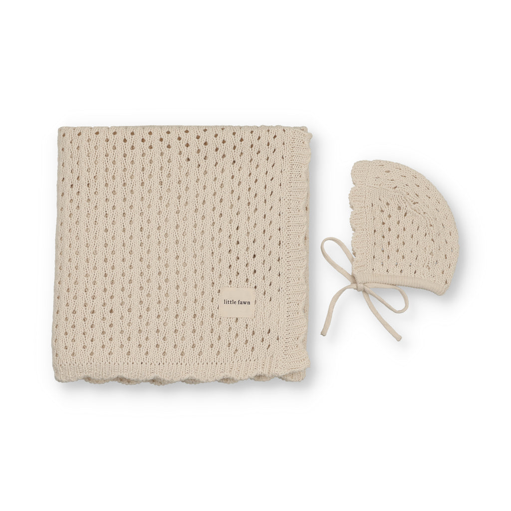Baby Knit Scallped Edge Blanket & Bonnet | Natural | Little Fawn | SS26
